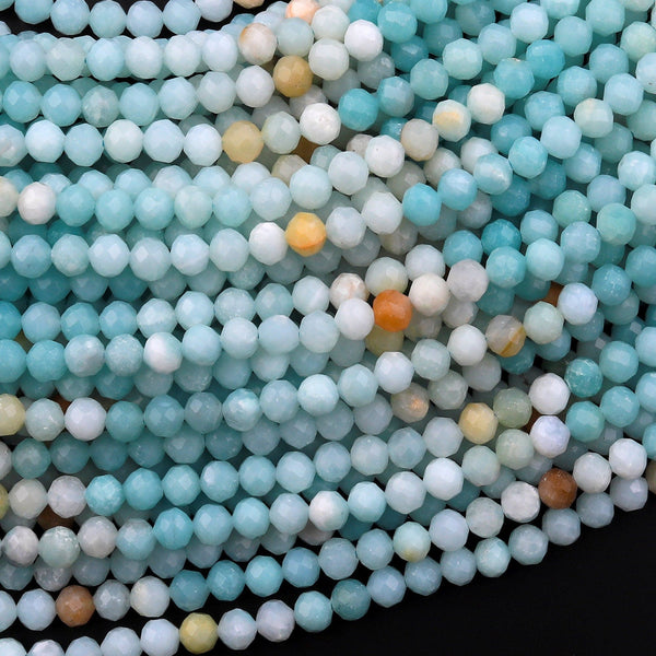 Brazilian Amazonite 4mm 5mm Faceted Round Beads Multi Shaded Natural Sea Blue Yellow Gemstone Micro Diamond Cut 15.5" Strand