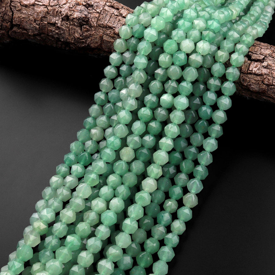 AAA Natural Green Aventurine 8mm Beads Faceted Double Hearted Star Cut 15.5" Strand