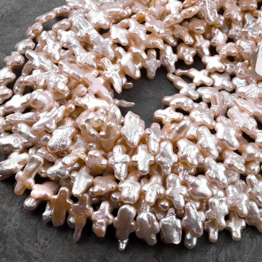 Natural Soft Peach Pink Cross Pearl Genuine Real Freshwater Pearl Fancy Shape Beads 16" Strand
