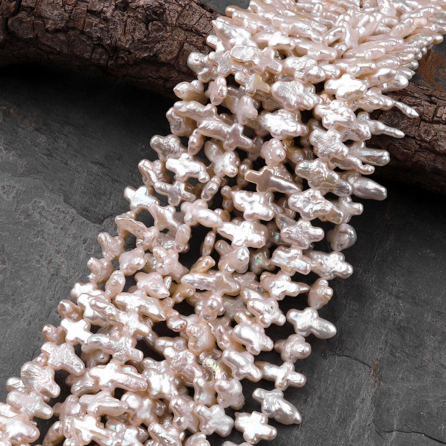 Natural Soft Peach Pink Cross Pearl Genuine Real Freshwater Pearl Fancy Shape Beads 16" Strand