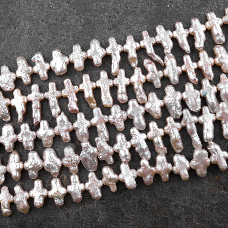 Natural Soft Peach Pink Cross Pearl Genuine Real Freshwater Pearl Fancy Shape Beads 16" Strand