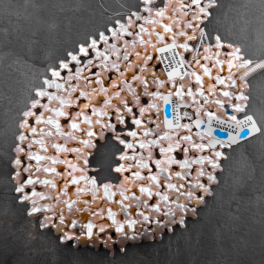 Natural Soft Peach Pink Cross Pearl Genuine Real Freshwater Pearl Fancy Shape Beads 16" Strand