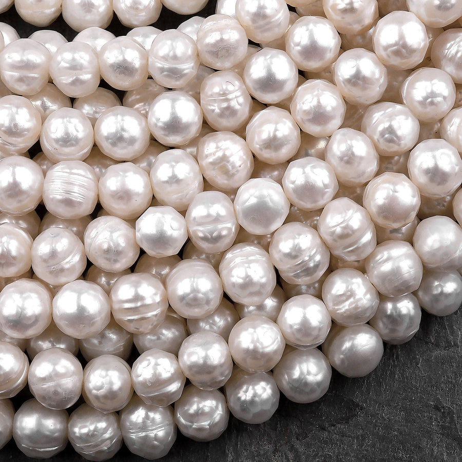 Faceted Genuine Freshwater White Pearl 7mm 8mm Off Round 16" Strand