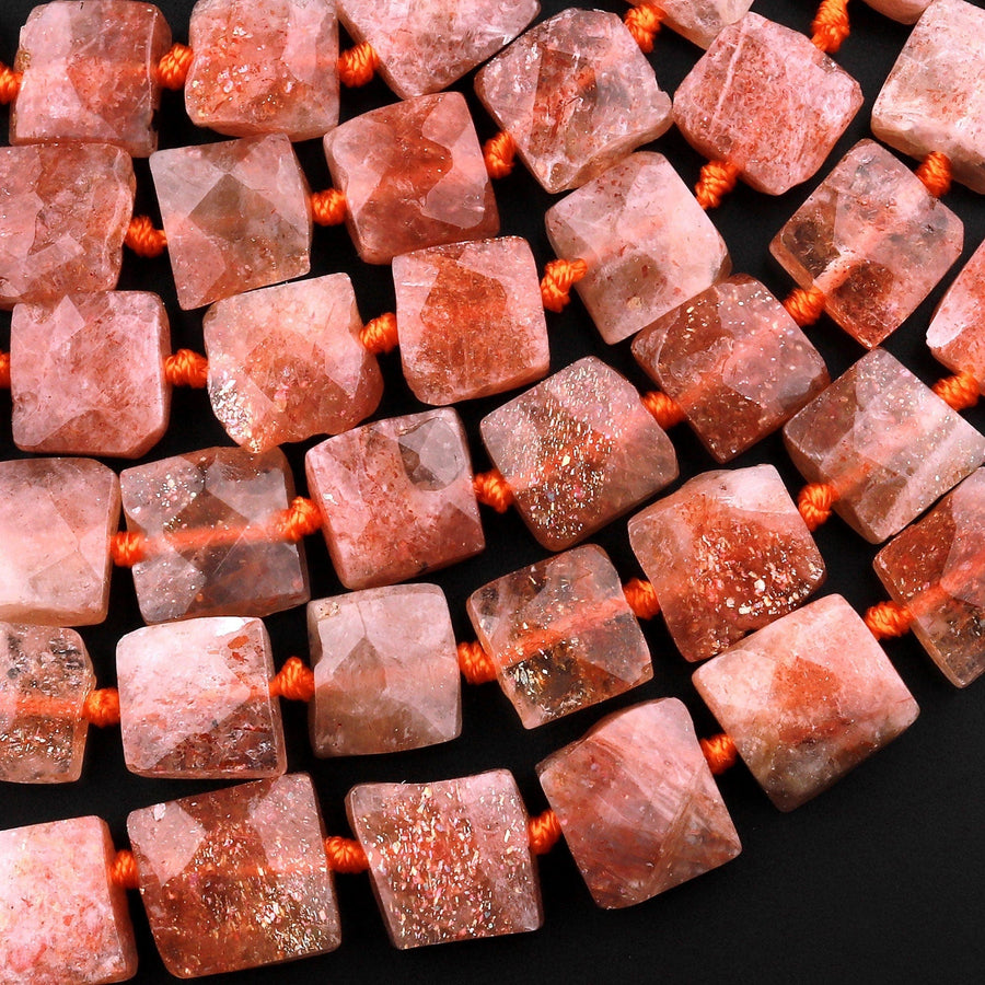 Fiery Natural Sunstone Faceted Square 10mm Beads Orange Red Feldspar Gemstone 15.5" Strand
