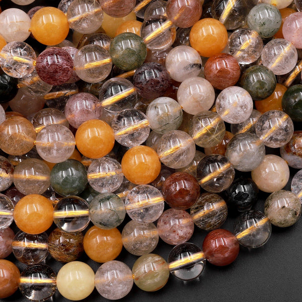 Natural Multicolor Green Red Yellow Phantom Quartz Beads Lodolite Beads 4mm 6mm 8mm 10mm 12mm 14mm Smooth Round 15.5" Strand