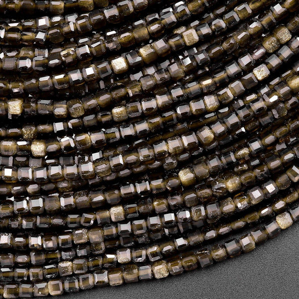 AAA Natural Golden Obsidian Faceted 2mm Cube Dice Square Beads Micro Faceted Laser Diamond Cut 15.5" Strand