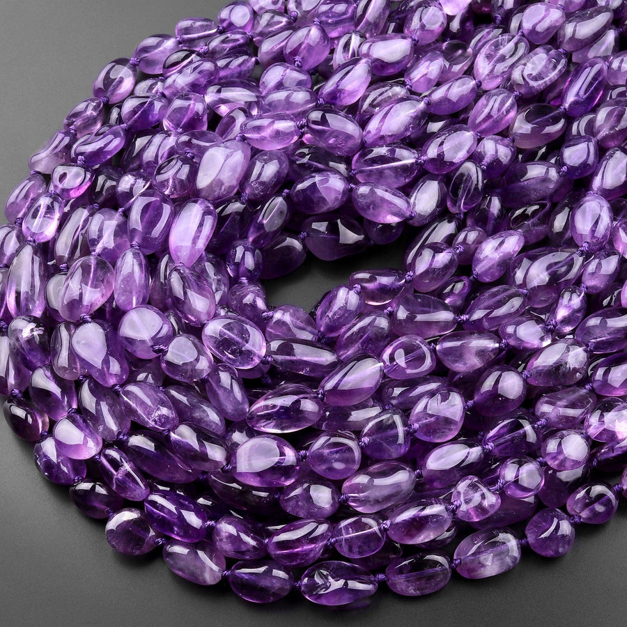 Natural Amethyst Beads Freeform Irregular Smooth Oval Pebble Nugget Rich Purple Gemstone 15.5" Strand
