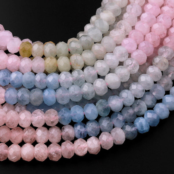 Faceted Natural Multicolor Blue Green Aquamarine Pink Morganite 6mm Rondelle Beads 15.5" Strand