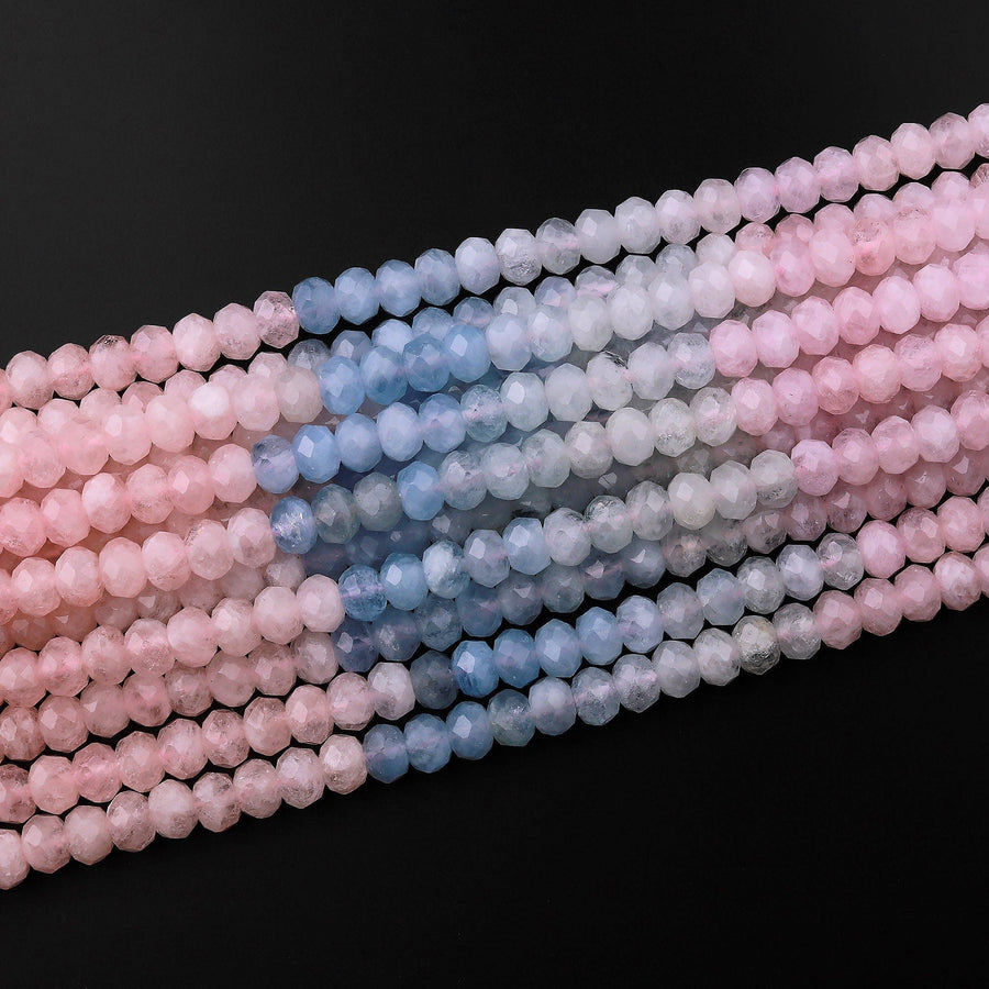 Faceted Natural Multicolor Blue Green Aquamarine Pink Morganite 6mm Rondelle Beads 15.5" Strand