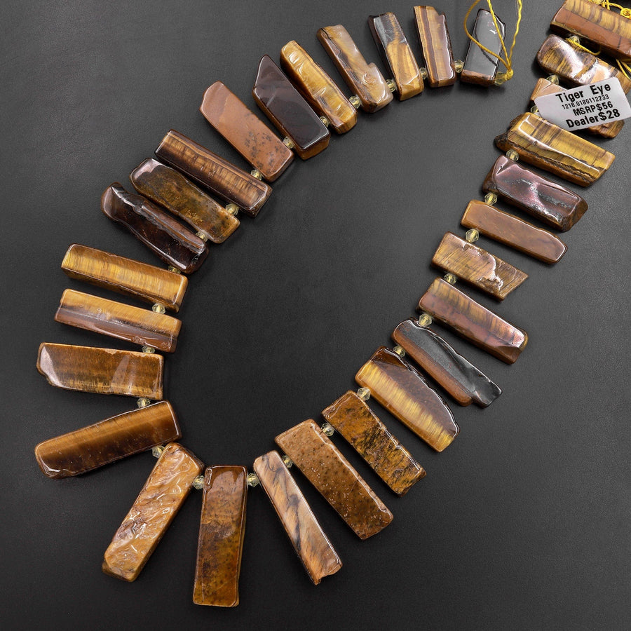 Natural Tiger's Eye Rectangle Rectangular Beads Spike Stick Slice Focal Pendant Cleopatra Style Fan Shaped 15.5" Strand