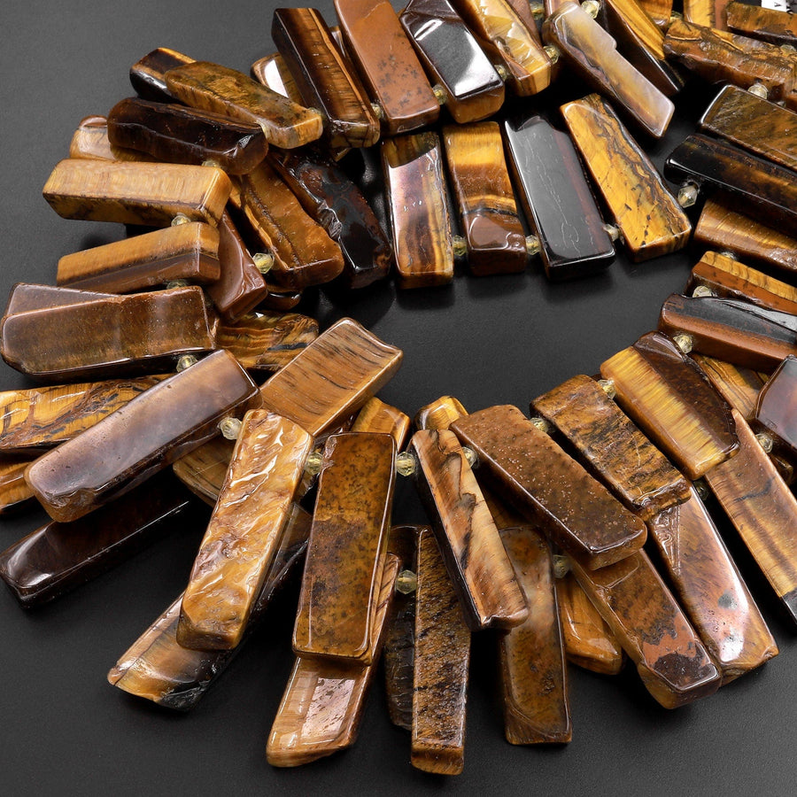 Natural Tiger's Eye Rectangle Rectangular Beads Spike Stick Slice Focal Pendant Cleopatra Style Fan Shaped 15.5" Strand