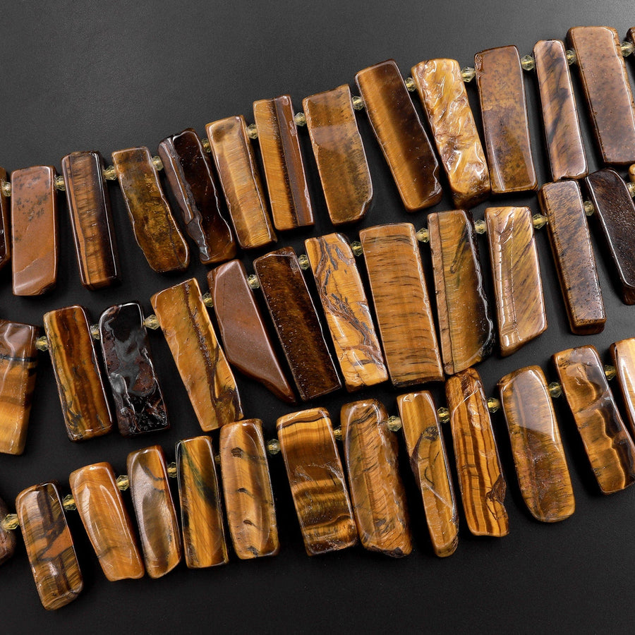 Natural Tiger's Eye Rectangle Rectangular Beads Spike Stick Slice Focal Pendant Cleopatra Style Fan Shaped 15.5" Strand