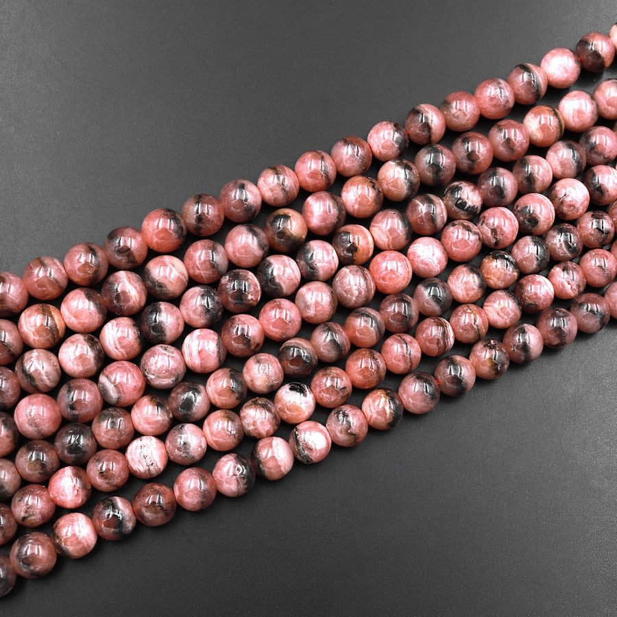 Natural Pink Rhodochrosite Beads 4mm 5mm 6mm 7mm 8mm 9mm 10mm Pink Red Gemstone Interesting Black Iron Bands Veins 15.5" Strand