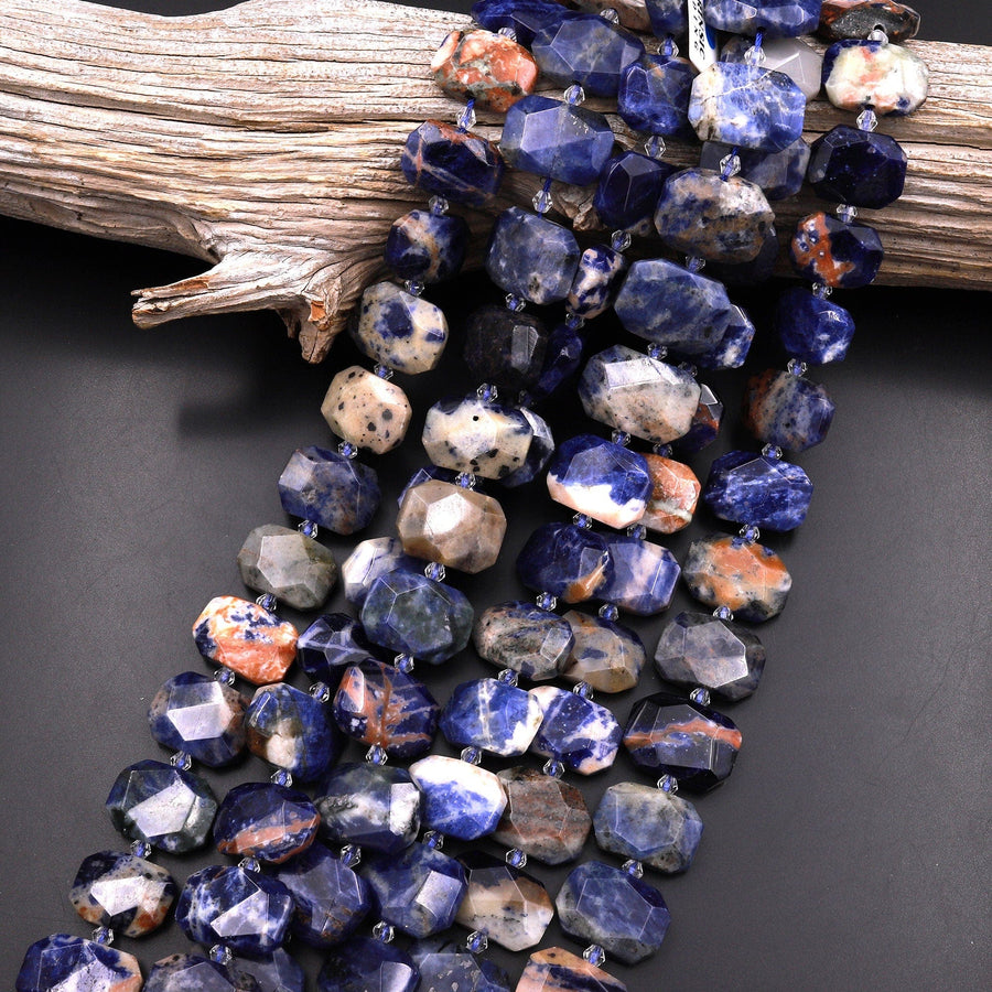 Faceted Natural Orange Sodalite Beads Large Chunky Rectangle Unique Designer Cut Center Drilled Gemstone 16" Strand
