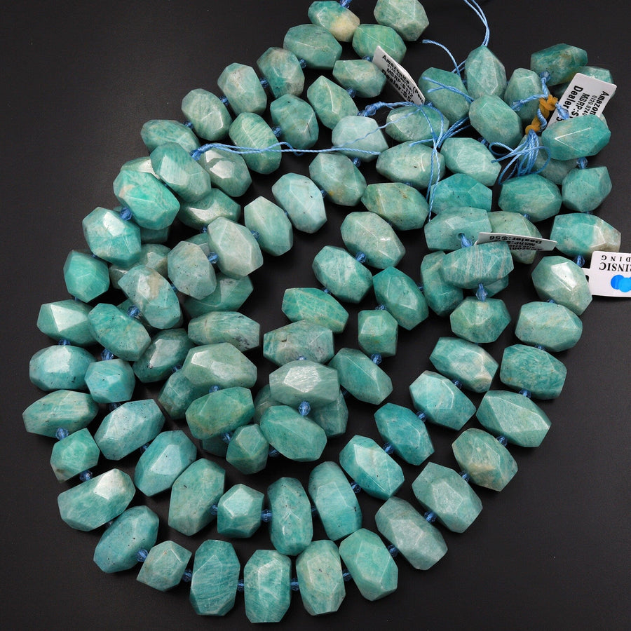 Faceted Sea Blue Green Peruvian Amazonite Beads Center Drilled Chunky Rectangle Nuggets 15.5" Strand
