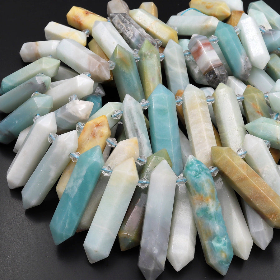 Double Terminated Multicolor Amazonite Long Points Side Drilled Focal Pendant Beads 15.5" Strand