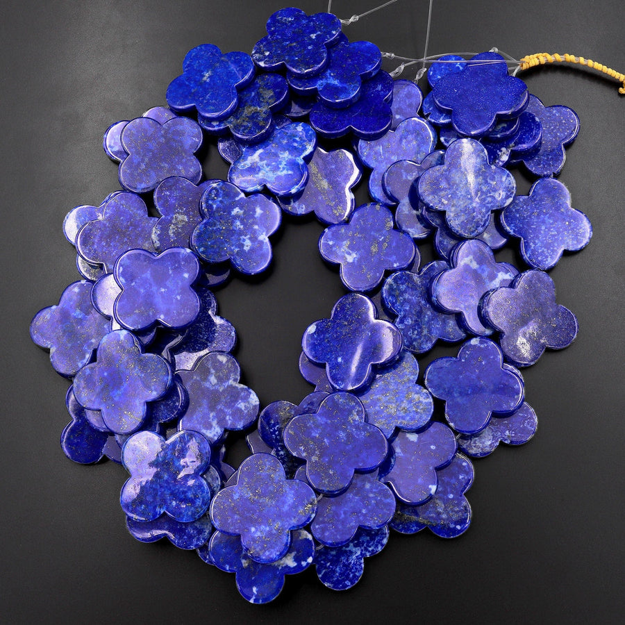 AAA Large 4 Four Leaf Clover Beads Natural Blue Lapis Hand Carved Flower Gemstone 15.5" Strand