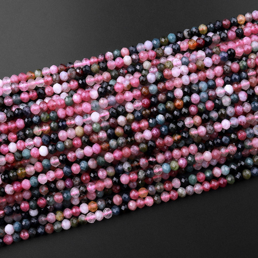 Natural Multicolor Watermelon Tourmaline Micro Faceted 4mm Rondelle Beads Pink Green Blue Gemstone 15.5" Strand