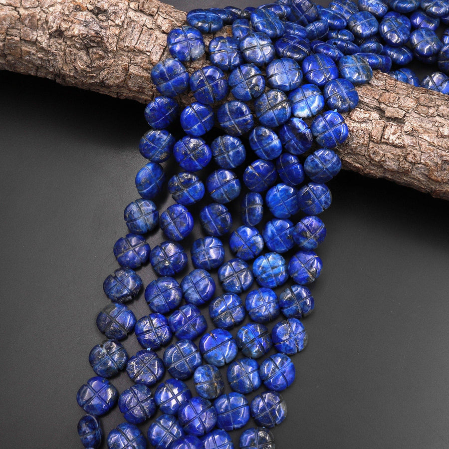 4 Four Leaf Clover Beads Natural Blue Lapis Hand Carved Flower Gemstone 15.5" Strand