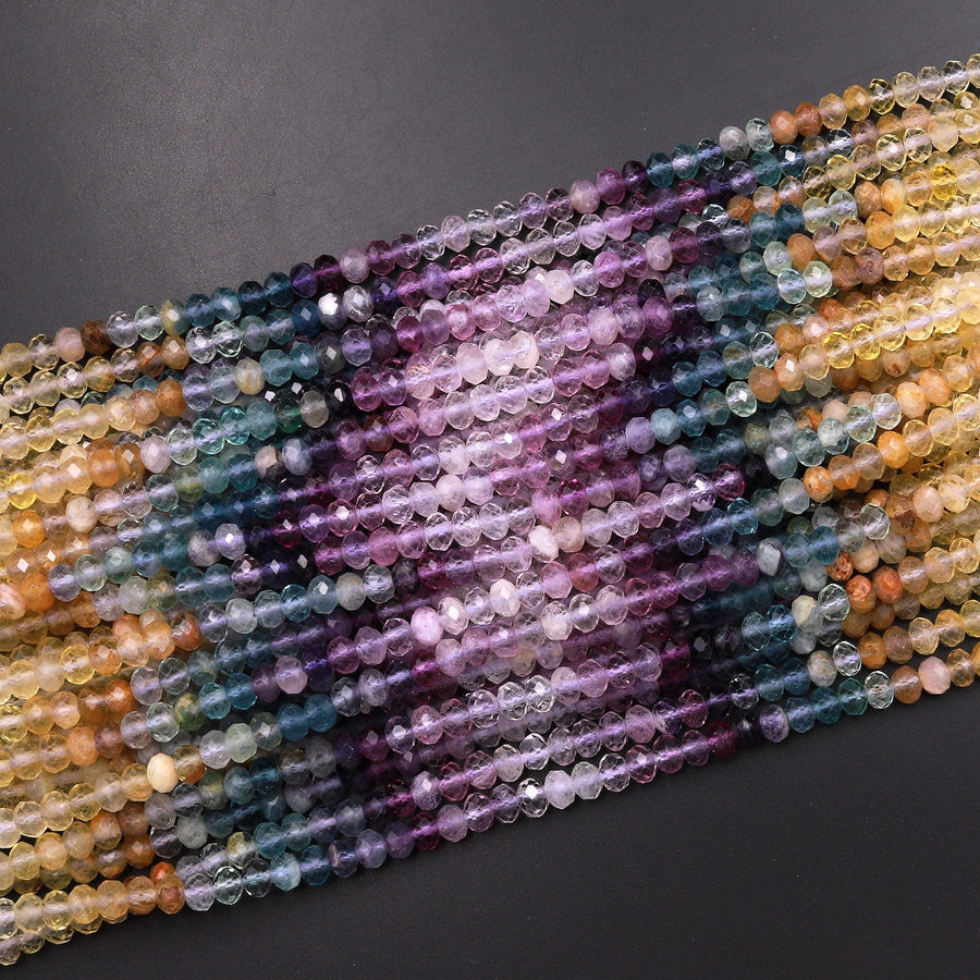 AAA Natural Multicolor Fluorite Faceted 4mm Rondelle Beads Micro Laser Cut Pink Purple Green Blue Golden Yellow Gemstone Bead 15.5" Strand