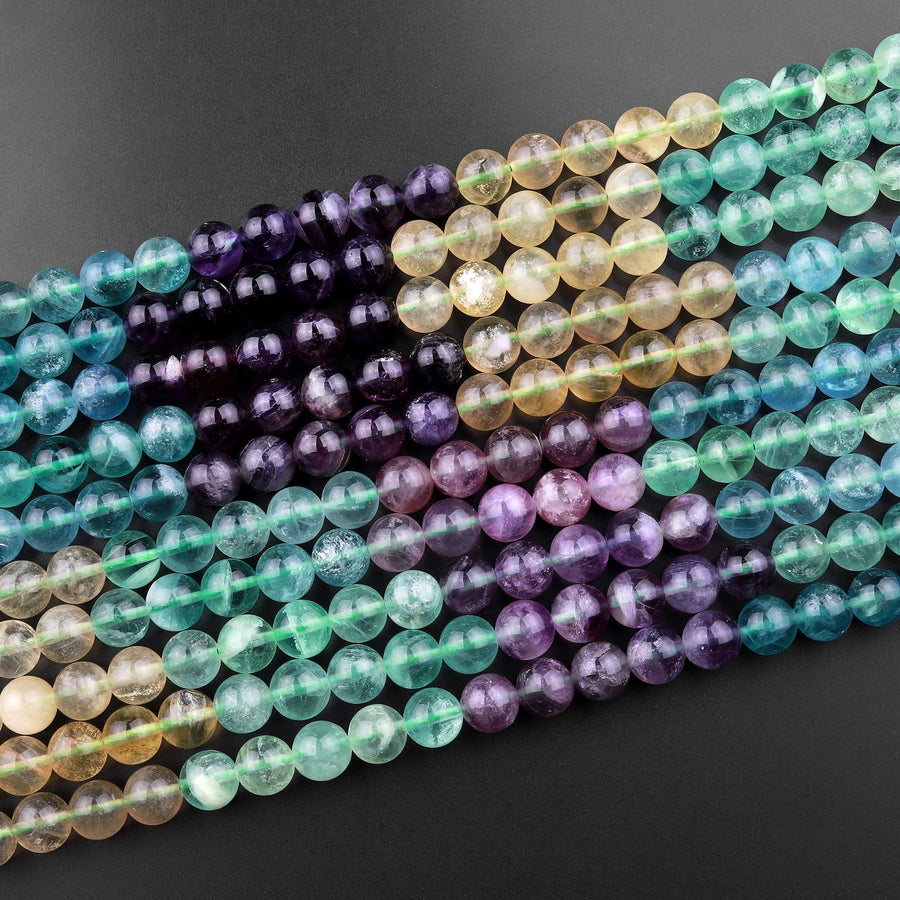 Natural Fluorite 6mm 8mm 10mm Round Beads Vibrant Multicolor Purple Green Yellow Gemstone 15.5" Strand