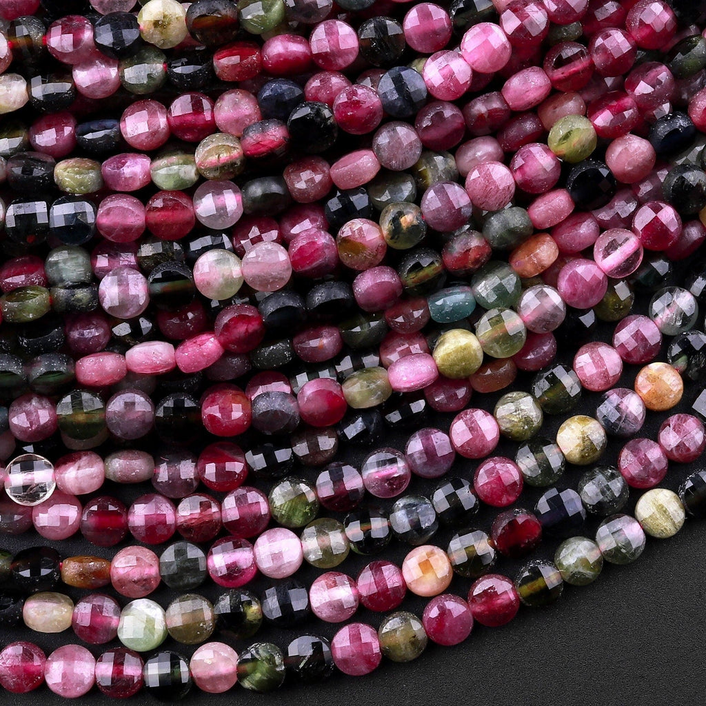 Faceted Natural Tourmaline Coin Beads 4mm Vibrant Fuchsia Red Pink Green Gemstone 15.5" Strand