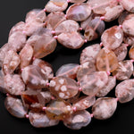Natural Cherry Blossom Flower Agate Faceted Freeform Oval Beads 15.5" Strand