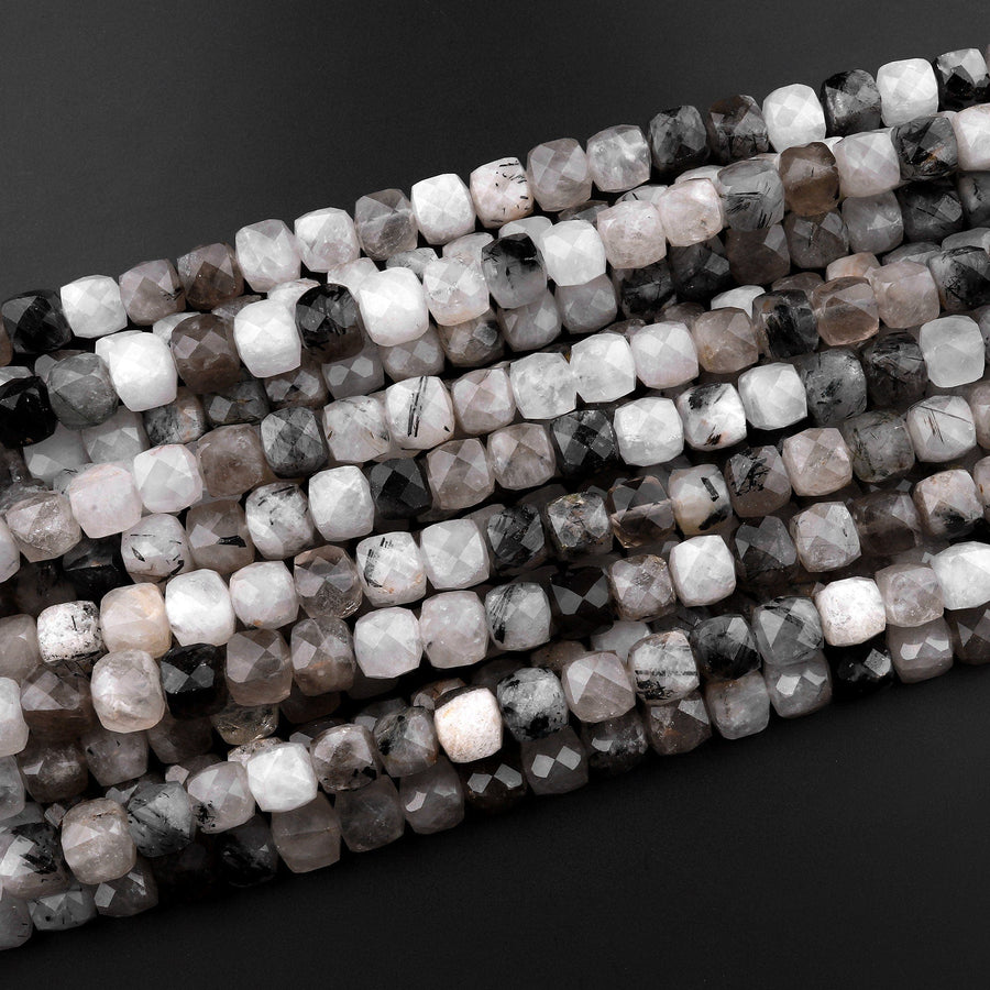 Natural Black Tourmaline Rutilated Smoky Quartz Faceted 8mm Cube Beads 15.5" Strand