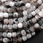 Natural Black Tourmaline Rutilated Smoky Quartz Faceted 8mm Cube Beads 15.5" Strand