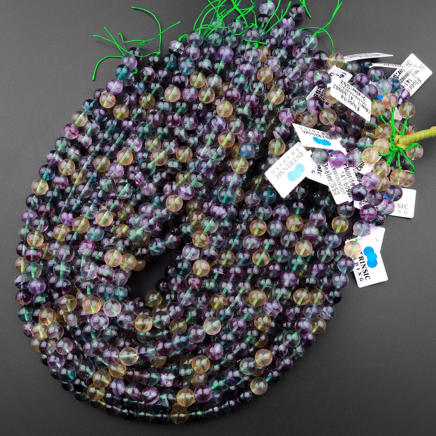 AAA Natural Rainbow Fluorite 6mm 8mm 10mm Round Beads Vibrant Multicolor Purple Green Honey Golden Yellow Gemstone 15.5" Strand
