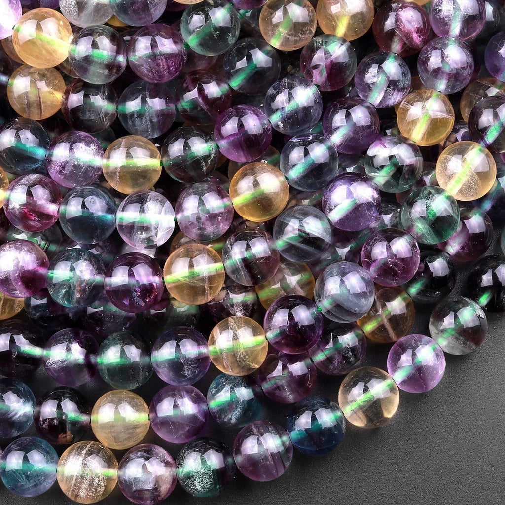 AAA Natural Rainbow Fluorite 6mm 8mm 10mm Round Beads Vibrant Multicolor Purple Green Honey Golden Yellow Gemstone 15.5" Strand