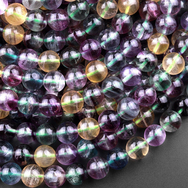 AAA Natural Rainbow Fluorite 6mm 8mm 10mm Round Beads Vibrant Multicolor Purple Green Honey Golden Yellow Gemstone 15.5" Strand