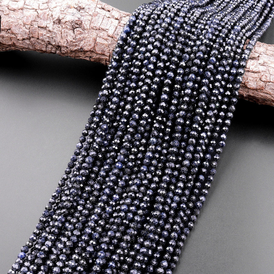 Natural Burma Blue Sapphire Faceted 4mm Round Beads Smoky Midnight Blue Gemstone 15.5" Strand