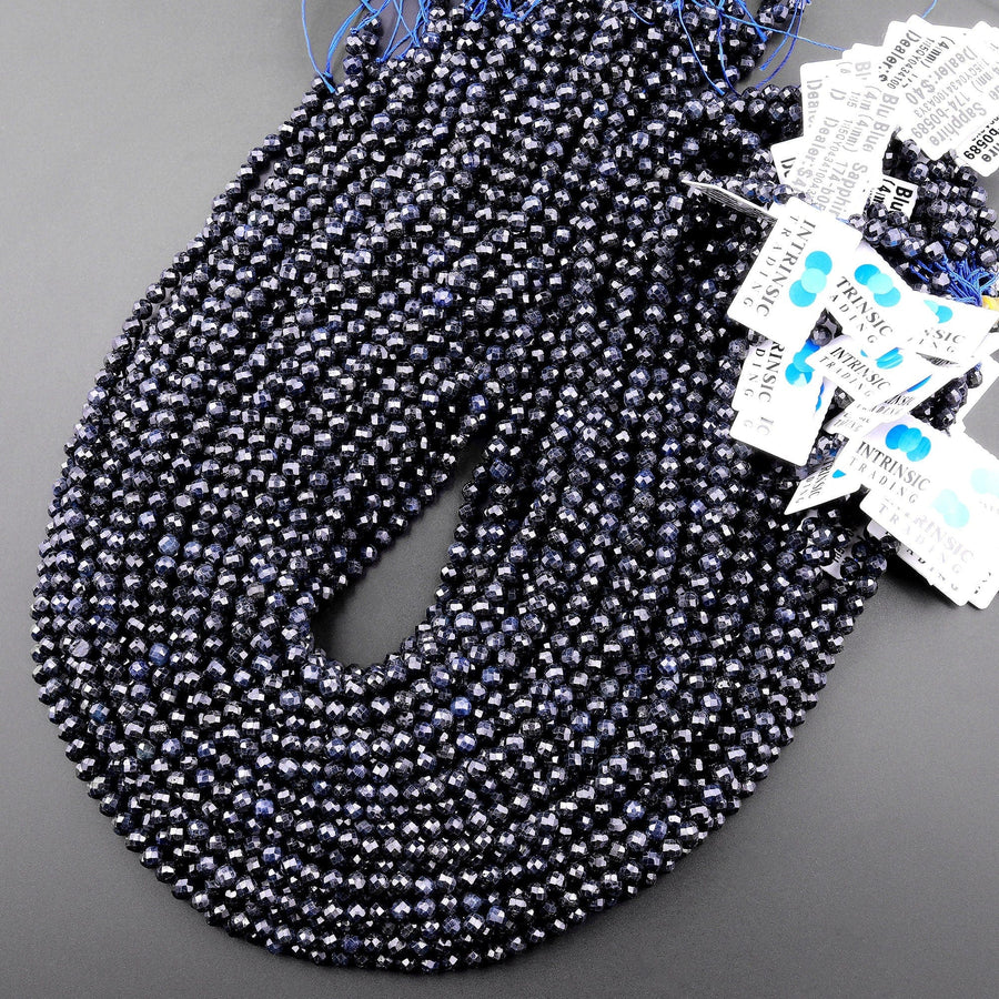 Natural Burma Blue Sapphire Faceted 4mm Round Beads Smoky Midnight Blue Gemstone 15.5" Strand