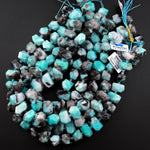 Large Natural Blue Amazonite Smoky Quartz Center Drilled Rectangle Nugget Beads 15.5" Strand