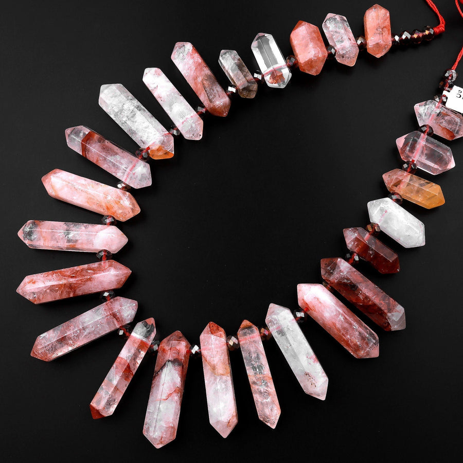 Natural Red Lepidocrocite Quartz Beads Double Terminated Points Top Side Drilled Crystal Focal Pendant 15" Strand