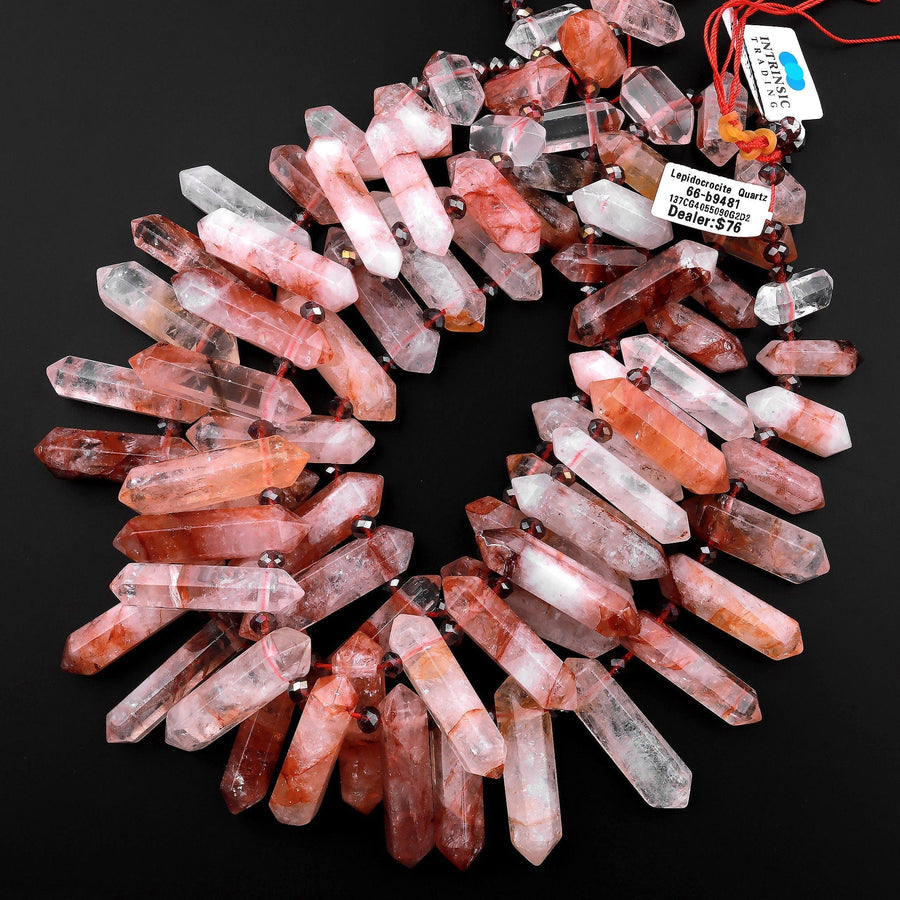 Natural Red Lepidocrocite Quartz Beads Double Terminated Points Top Side Drilled Crystal Focal Pendant 15" Strand