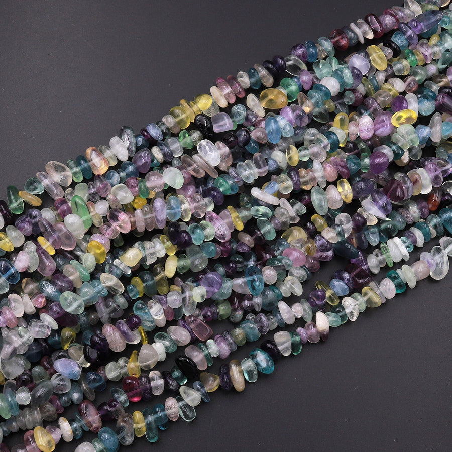 Natural Rainbow Fluorite Purple Green Yellow Freeform Chip Pebble Nugget Beads 15.5" Strand