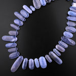 AAA Natural Blue Chalcedony Smooth Long Oval Beads Side Drilled Gemstone Pendant 15.5" Strand