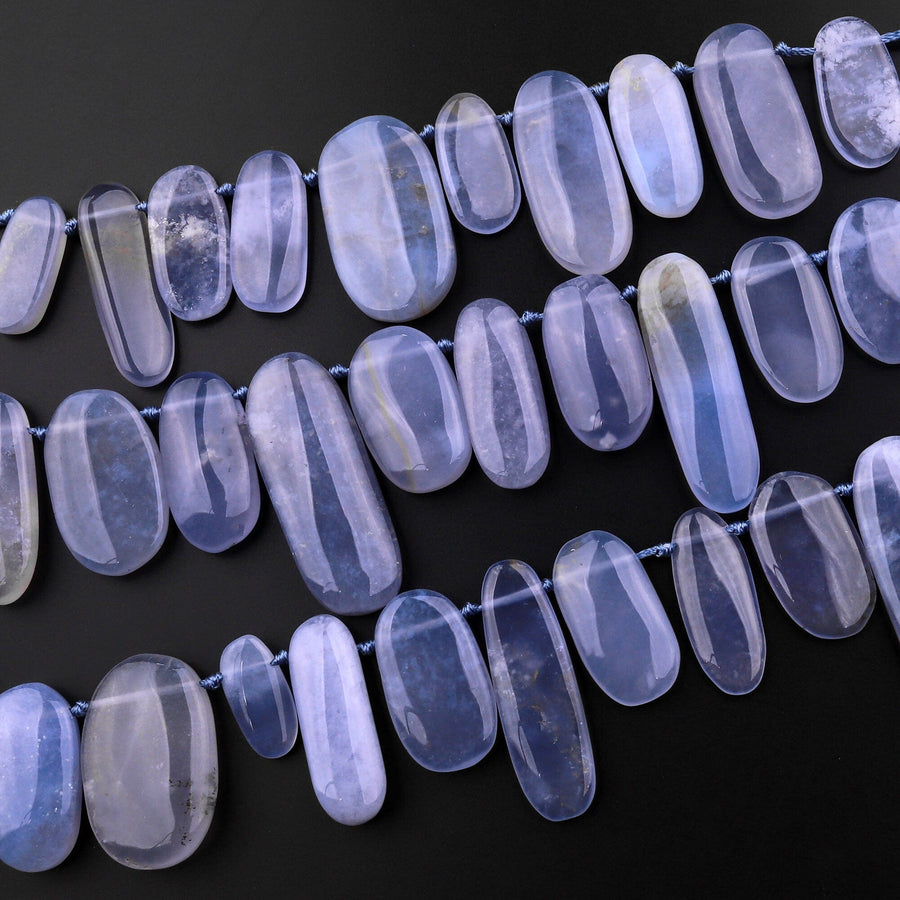 AAA Natural Blue Chalcedony Smooth Long Oval Beads Side Drilled Gemstone Pendant 15.5" Strand