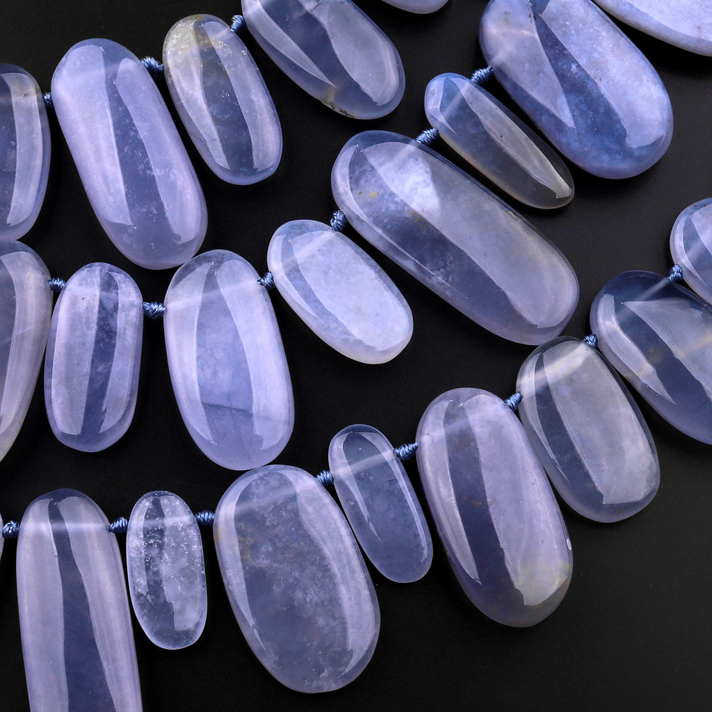 AAA Natural Blue Chalcedony Smooth Long Oval Beads Side Drilled Gemstone Pendant 15.5" Strand