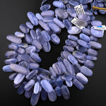 AAA Natural Blue Chalcedony Smooth Long Oval Beads Side Drilled Gemstone Pendant 15.5" Strand