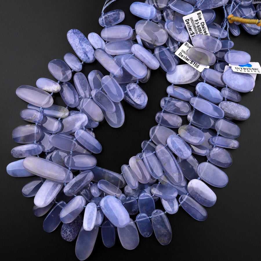 AAA Natural Blue Chalcedony Smooth Long Oval Beads Side Drilled Gemstone Pendant 15.5" Strand