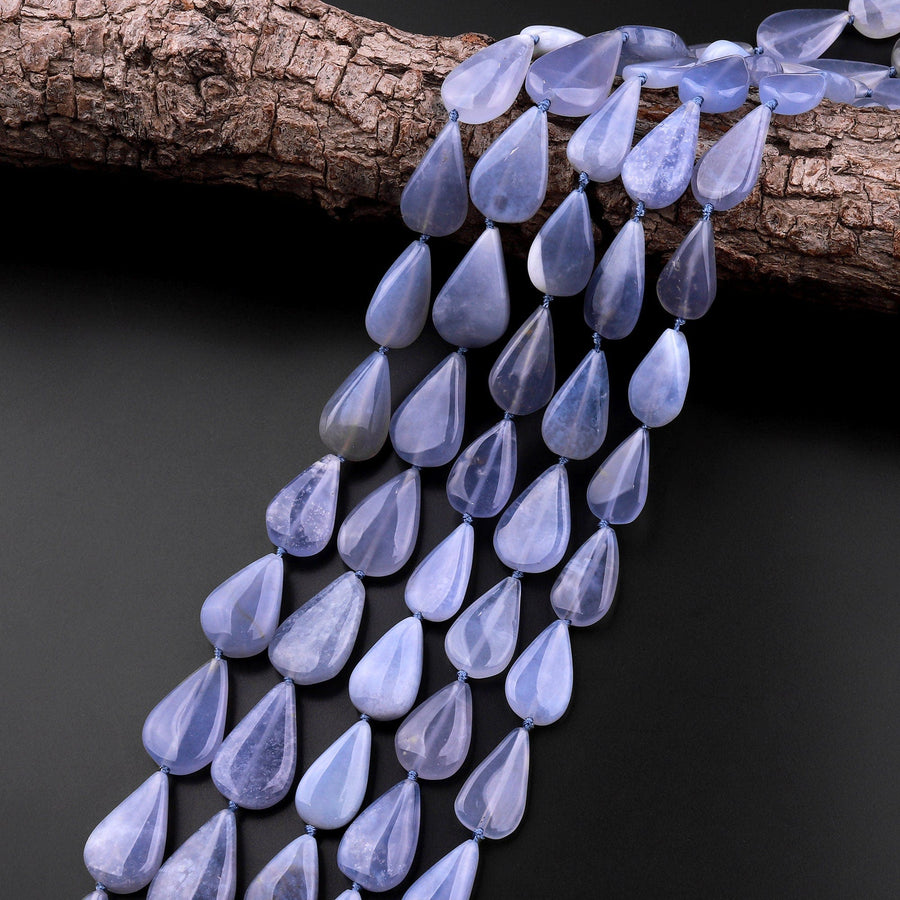 AAA Natural Blue Chalcedony Smooth Teardrop Beads Vertically Drilled Gemstone 15.5" Strand