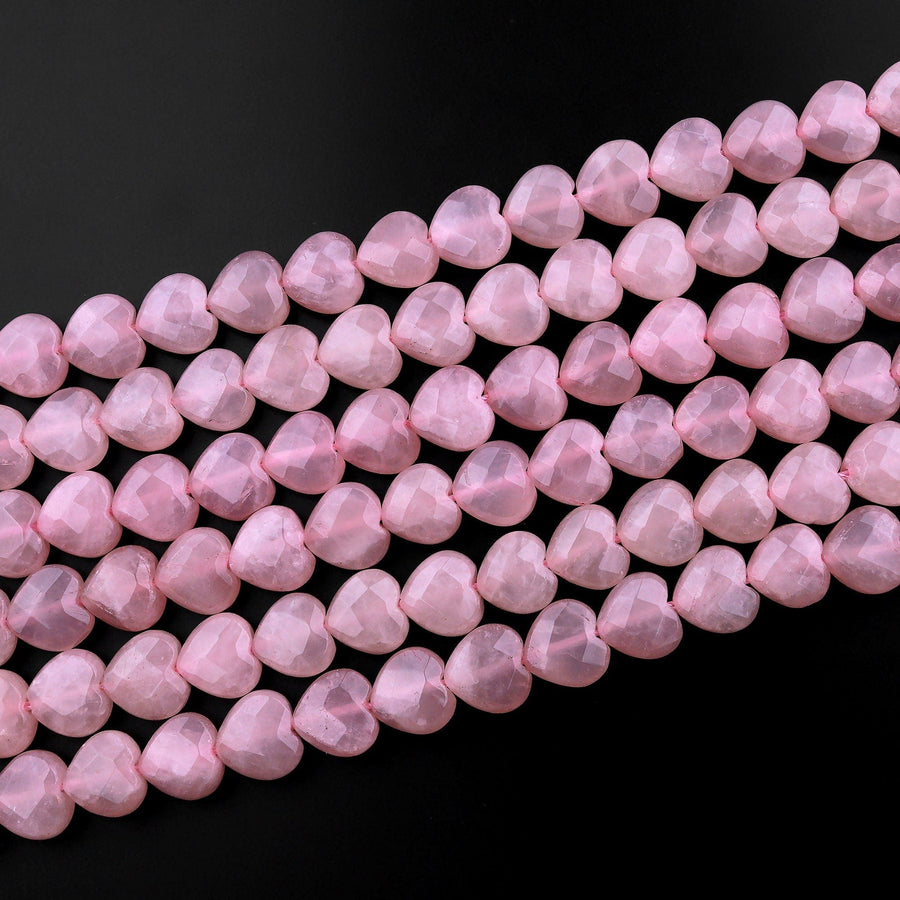 Faceted Natural Pink Rose Quartz Beads Gemstone Heart From Madagascar 15.5" Strand