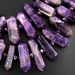 Natural Purple Chevron Amethyst Double Terminated Pointed Beads Center Drilled Healing Crystal Focal Pendant 15" Strand