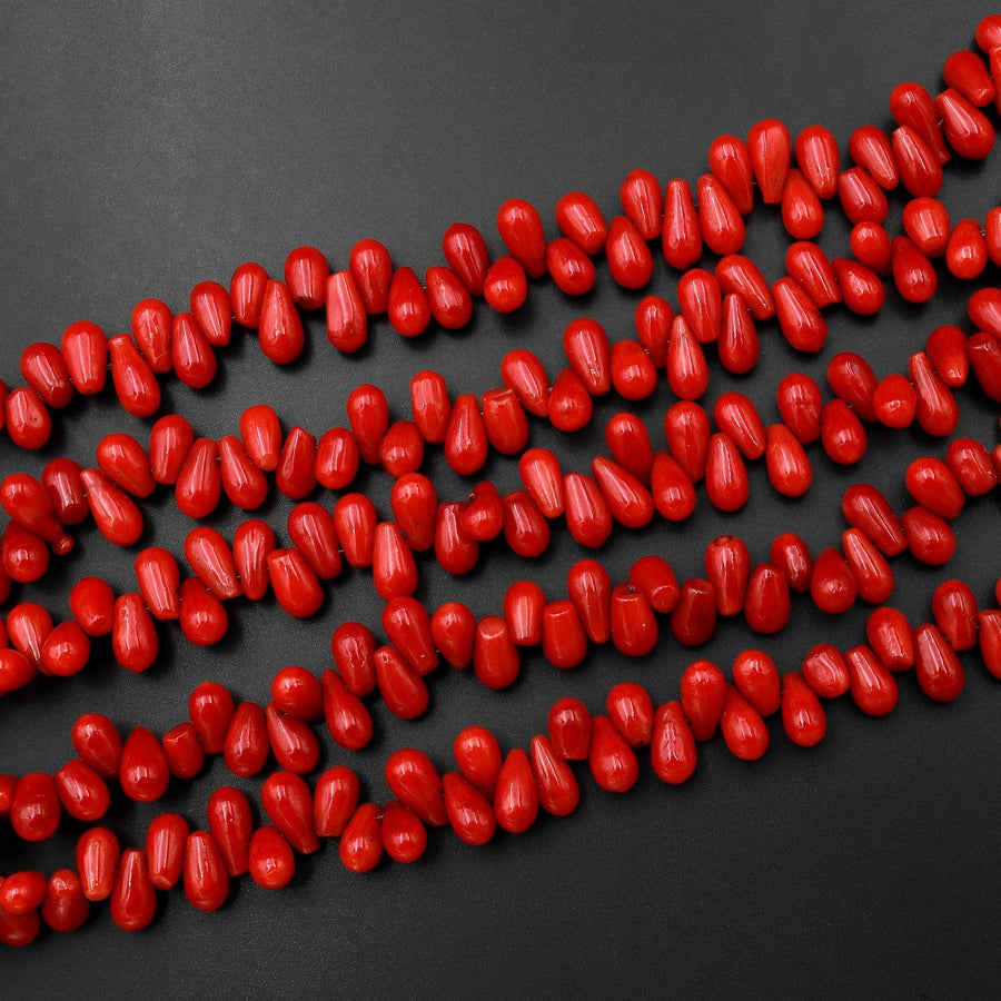 Genuine Red Bamboo Coral Smooth Small Teardrop Briolette Beads Side Drilled 15.5" Strand