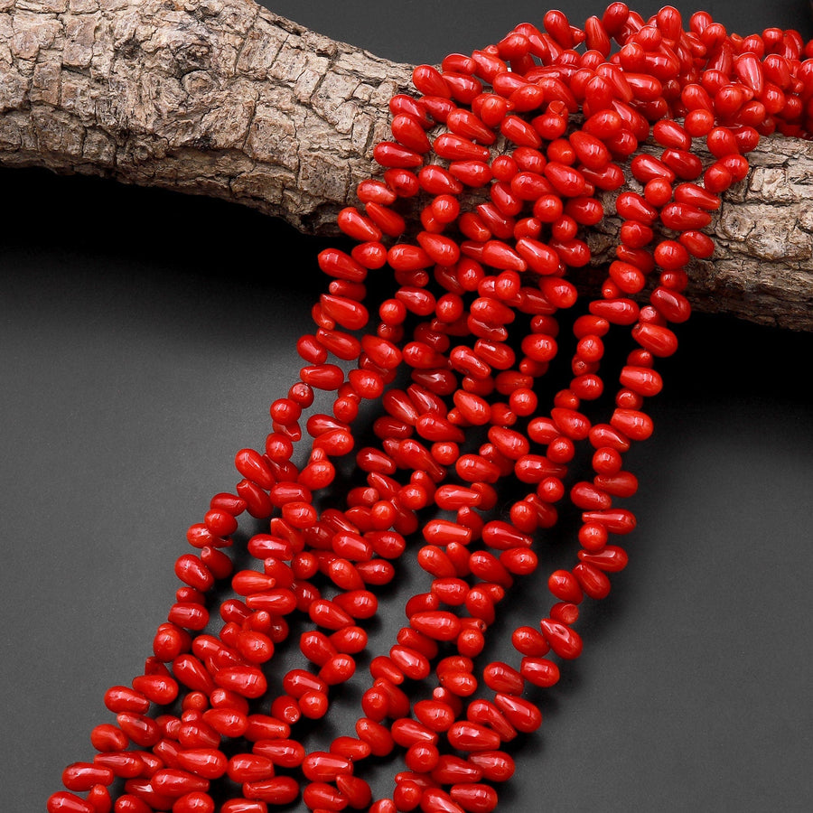 Genuine Red Bamboo Coral Smooth Small Teardrop Briolette Beads Side Drilled 15.5" Strand