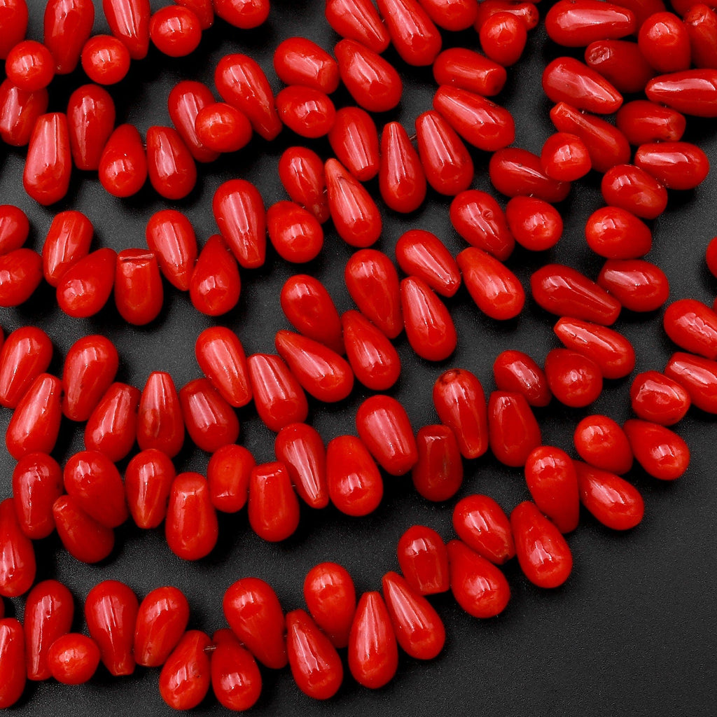 Genuine Red Bamboo Coral Smooth Small Teardrop Briolette Beads Side Drilled 15.5" Strand
