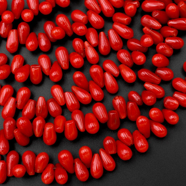 Genuine Red Bamboo Coral Smooth Small Teardrop Briolette Beads Side Drilled 15.5" Strand